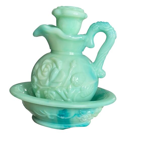 Vintage Avon Pitcher & Basin w/ Stopper Set Decanter Jadeite Empty Bath Bottle - Picture 2 of 10